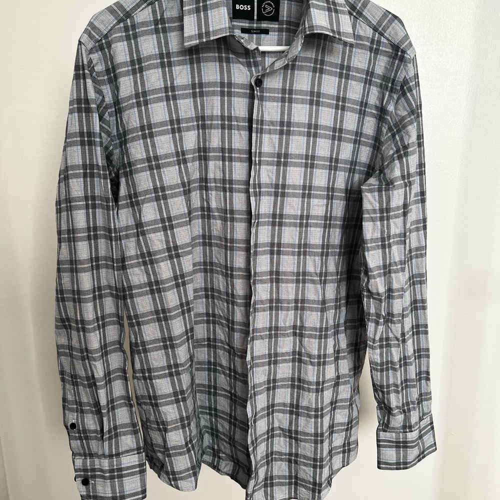 Boss Gray and Blue Casual Button Down Shirt